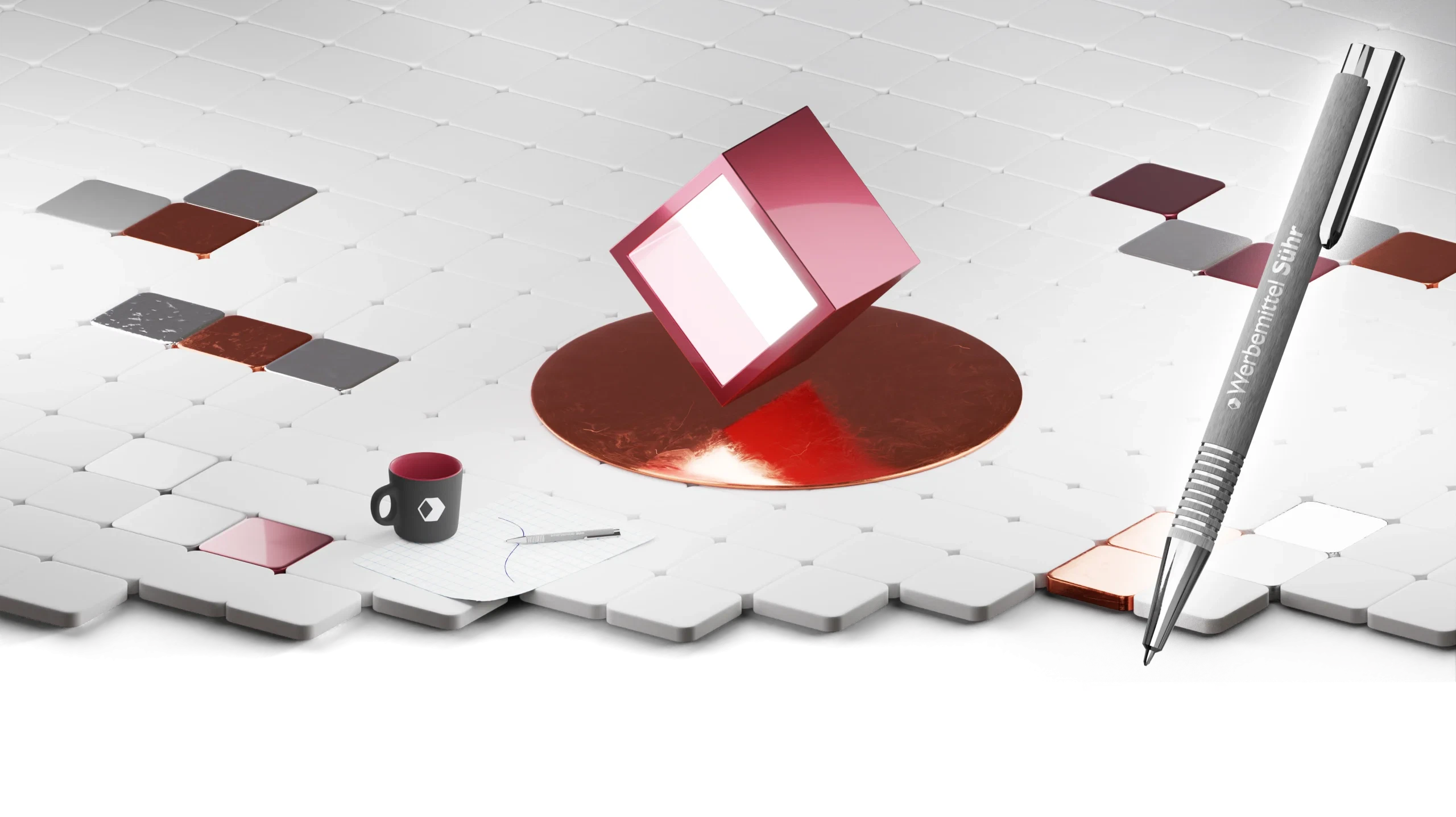 Werbemittel Sühr, Header 3D, Kugelschreiber, Tasse