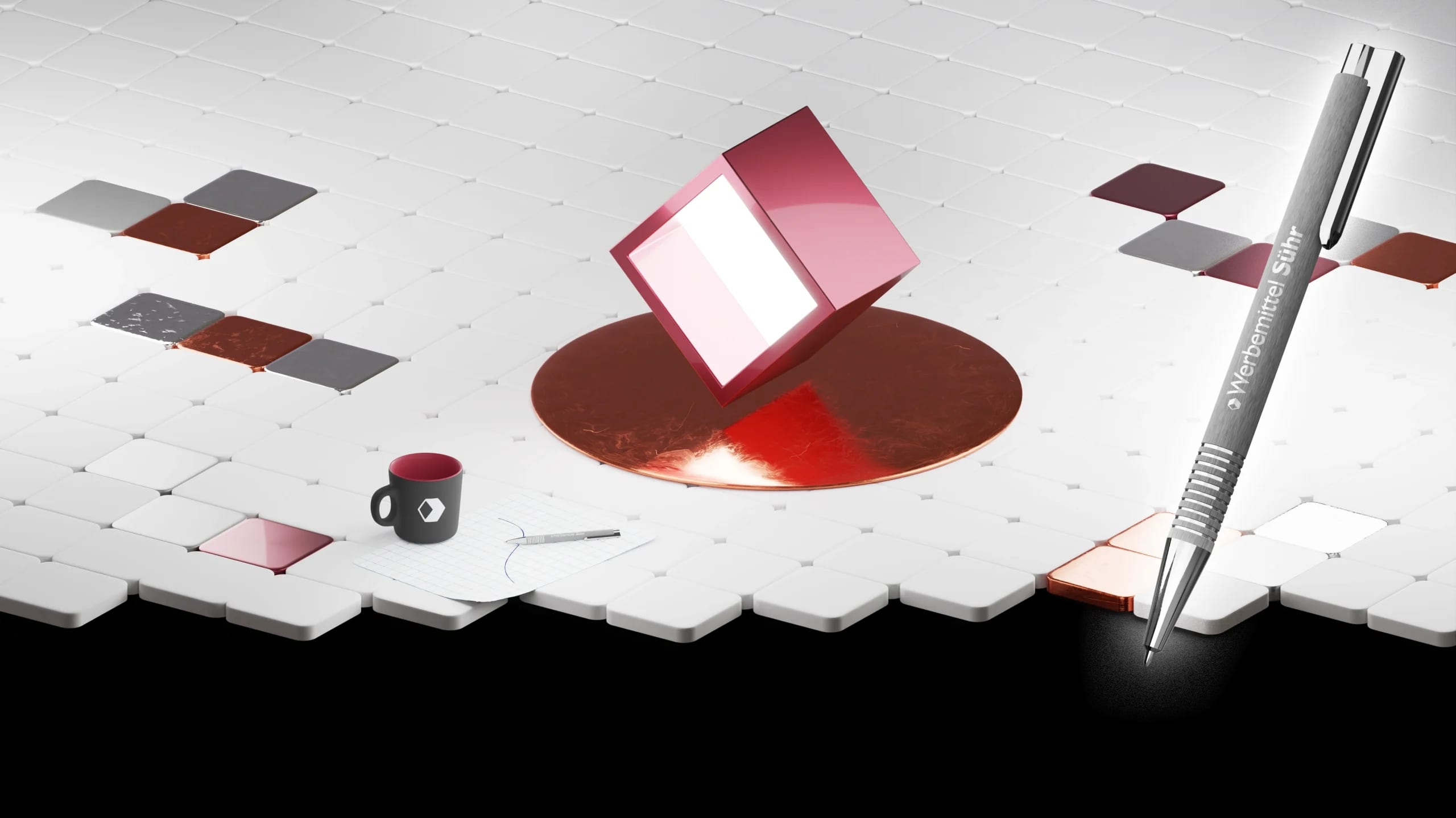 Werbemittel Sühr, Header 3D, Kugelschreiber, Tasse